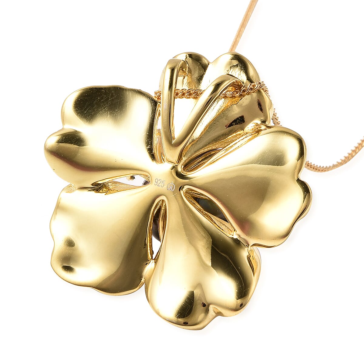 Galatea Pearl - Tahiti Pearl and Natural Cambodian Zircon Floral Design Carved Pendant with Chain (Size 20) in 18K Vermeil Yellow Gold Plated Sterling Silver 4.27 Ct, Silver Wt. 10.92 Gms