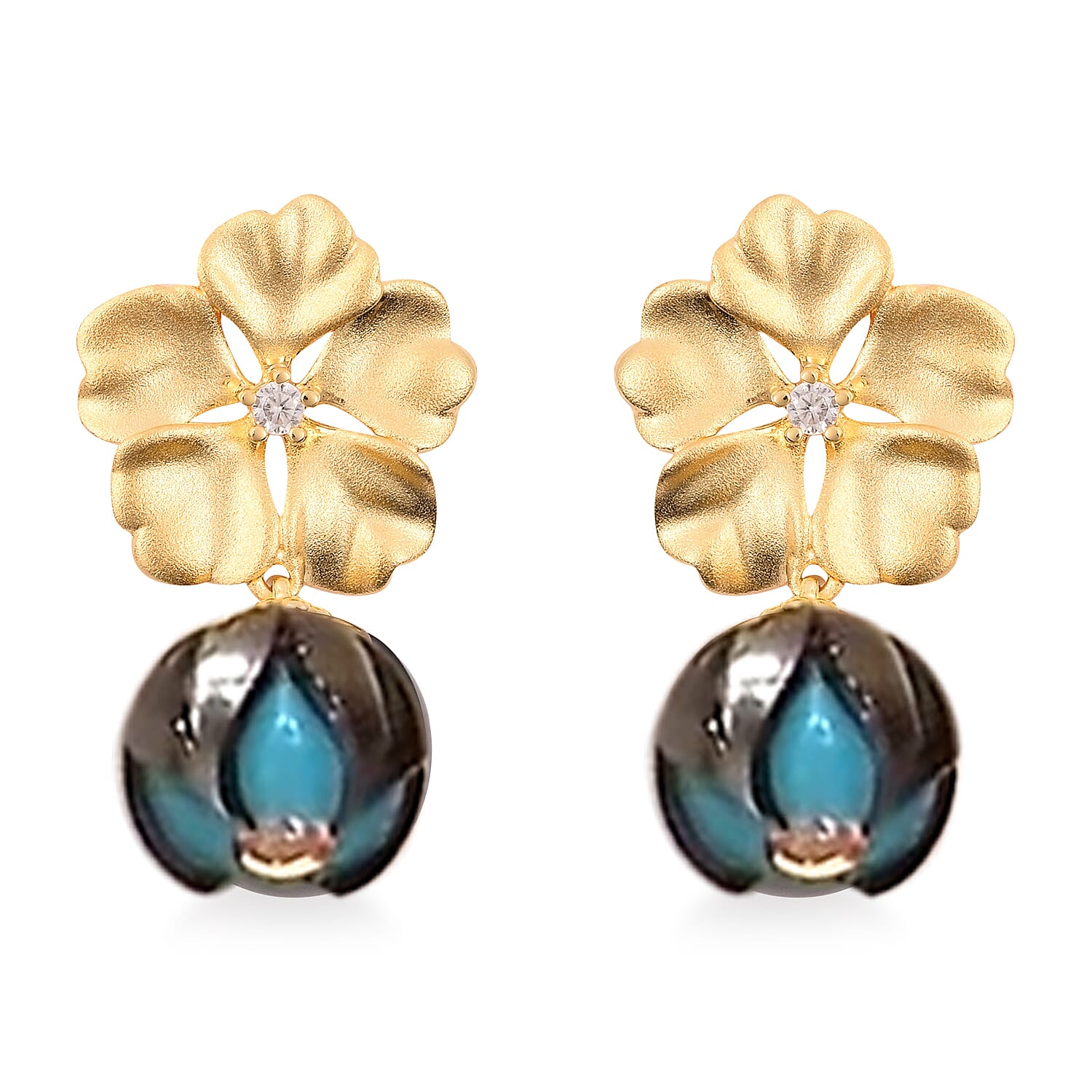 Tahitian Pearl Earrings outlets // Natural Peacock Green // Blue Stones x Pearls Cluster// 14K Gold-filled // Sweet and Elegant