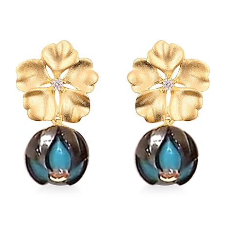Galatea Pearl - Tahiti Pearl and Natural Zircon Floral Earrings in Yellow Gold Plated Sterling Silver