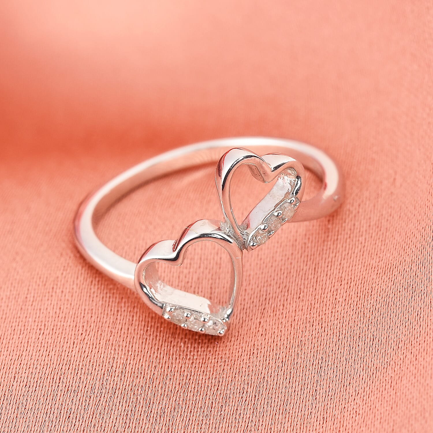 Diamond Hearts Ring in Platinum Overlay Sterling Silver