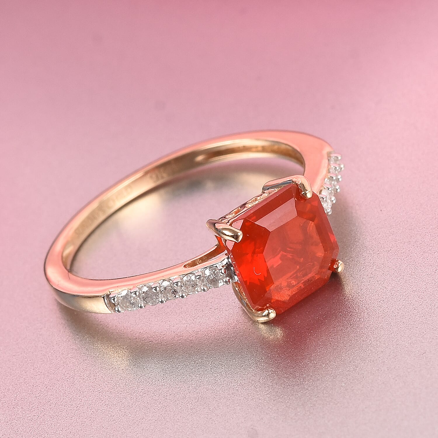 Sundays Child - 9K Yellow Gold Asscher Cut AAA Jalisco Fire Opal and Diamond Ring 1.35 Ct.