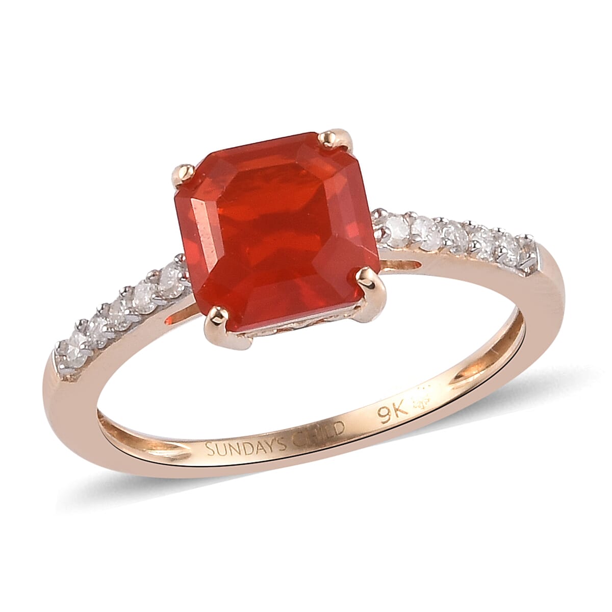 Sundays Child - 9K Yellow Gold Asscher Cut AAA Jalisco Fire Opal and Diamond Ring 1.35 Ct.