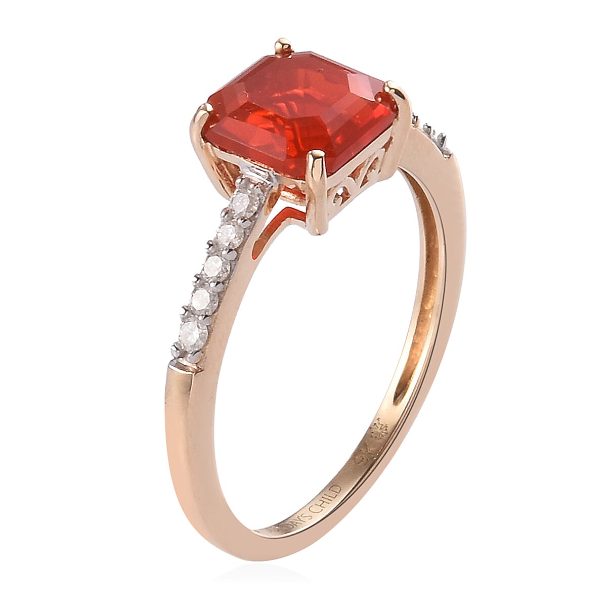 Sundays Child - 9K Yellow Gold Asscher Cut AAA Jalisco Fire Opal and Diamond Ring 1.35 Ct.
