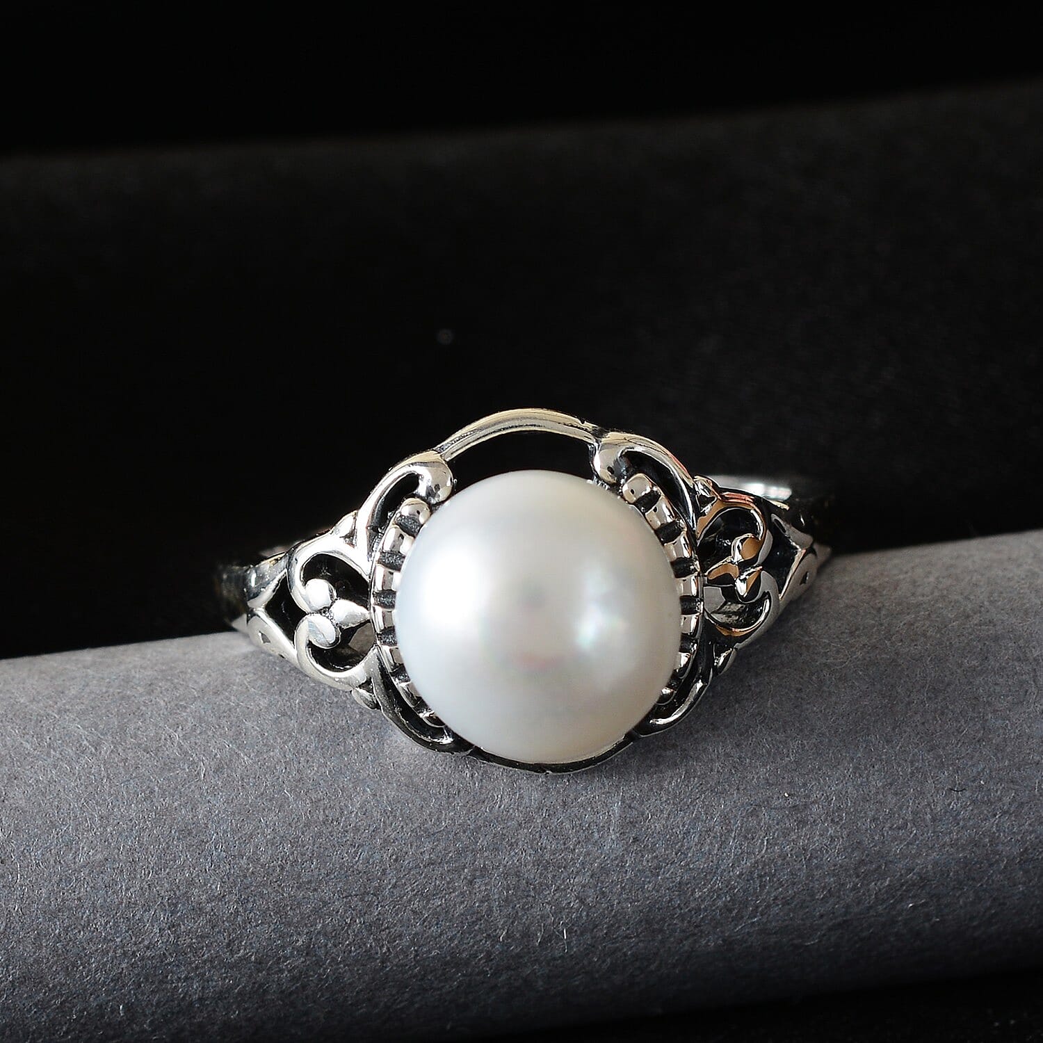 Freshwater Pearl Pearl Ring in Rhodium Overlay Sterling Silver