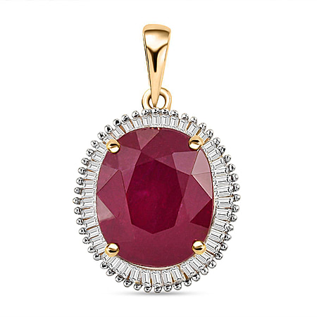 Rare Size 7.52 Ct AA African Ruby and Diamond Halo Pendant in 9K Yellow Gold