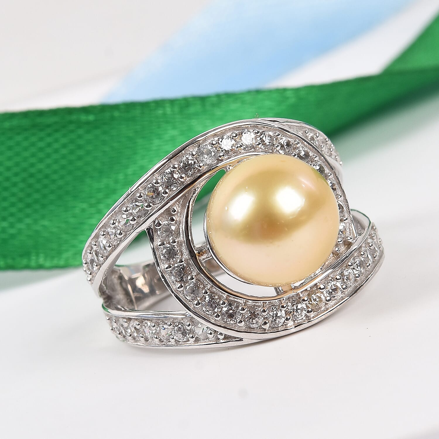 South Sea Pearl and Natural Zircon Ring in Platinum Overlay Sterling Silver