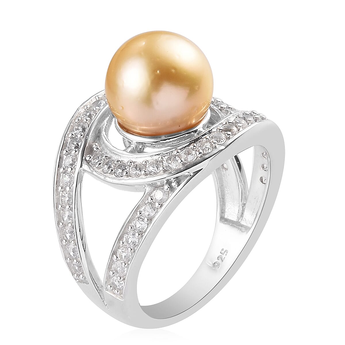 South Sea Pearl and Natural Zircon Ring in Platinum Overlay Sterling Silver