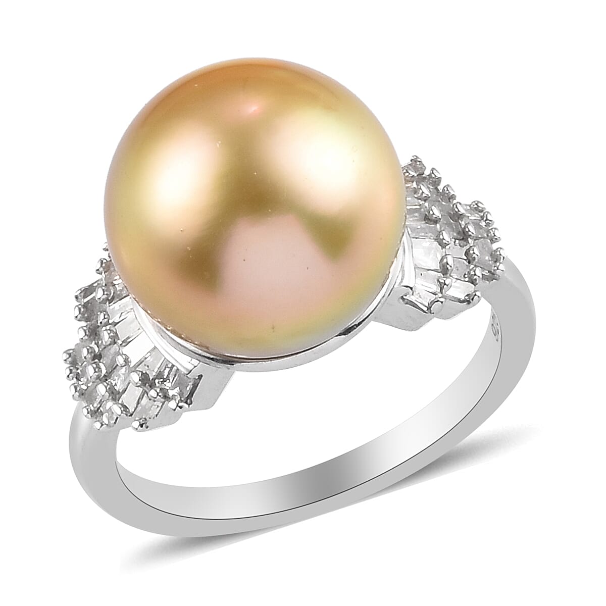 South Sea Pearl and Diamond Ring in Platinum Overlay Sterling Silver