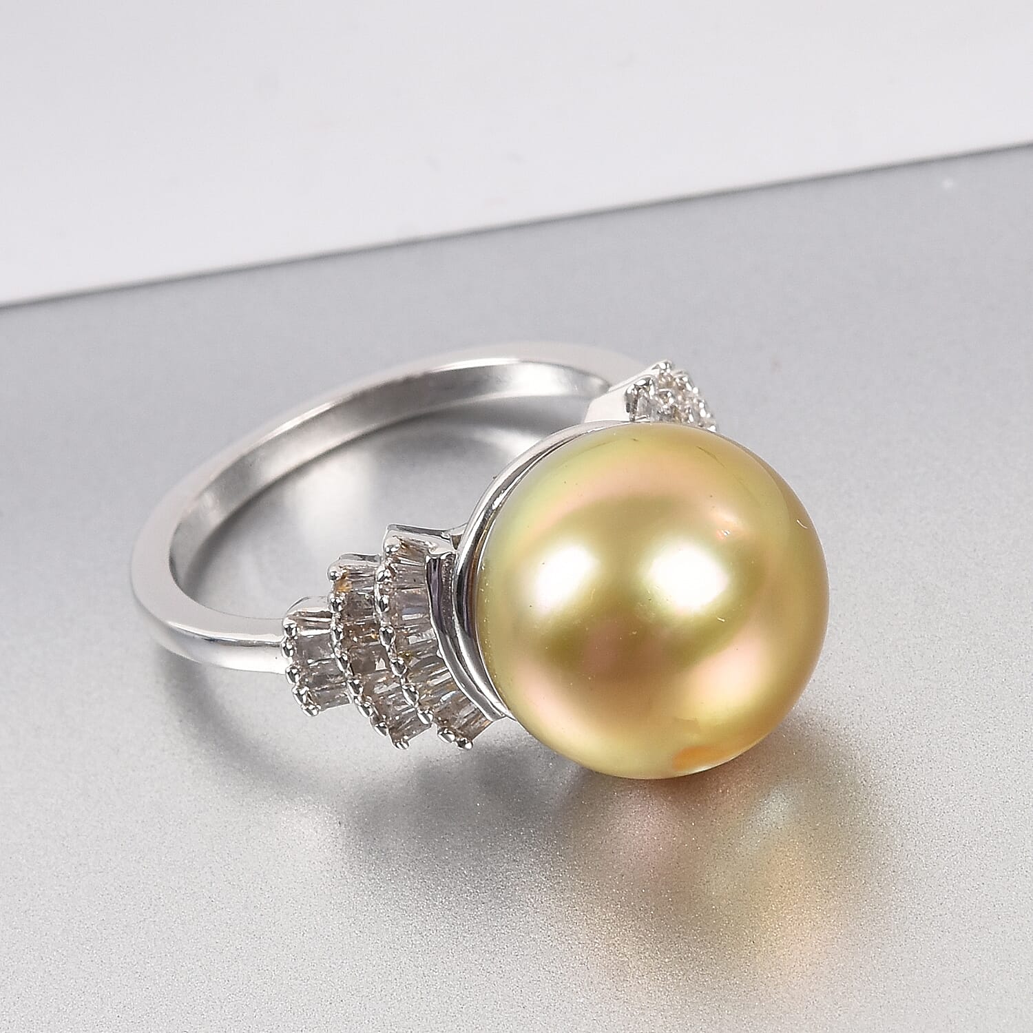 South Sea Pearl and Diamond Ring in Platinum Overlay Sterling Silver