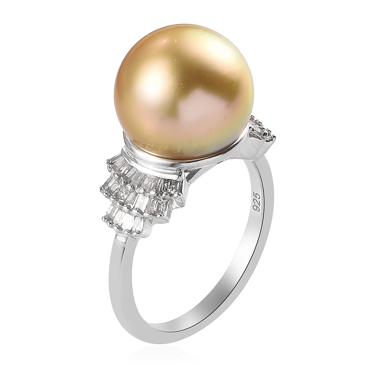 South Sea Pearl and Diamond Ring in Platinum Overlay Sterling Silver