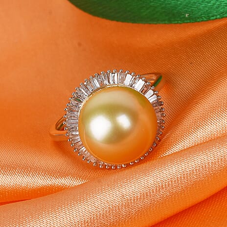 9K Yellow Gold South Sea Pearl & White Diamond (SI-G-H) Halo Ring 11.40 Ct.