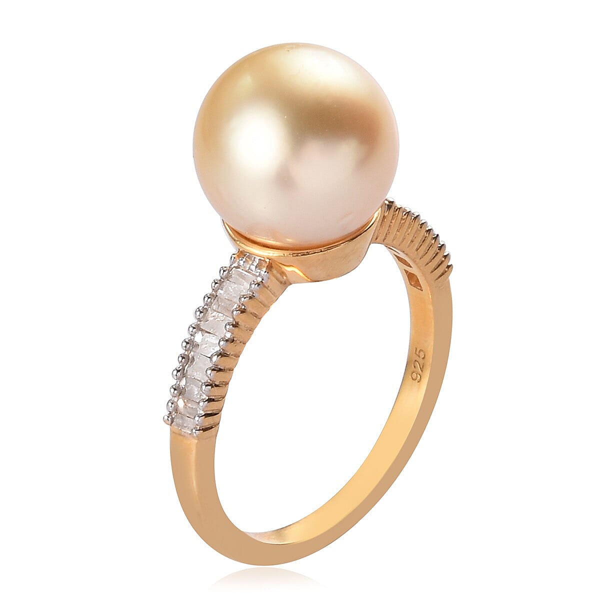 Golden South Sea Pearl and Diamond Ring in 14K Gold Overlay Sterling Silver