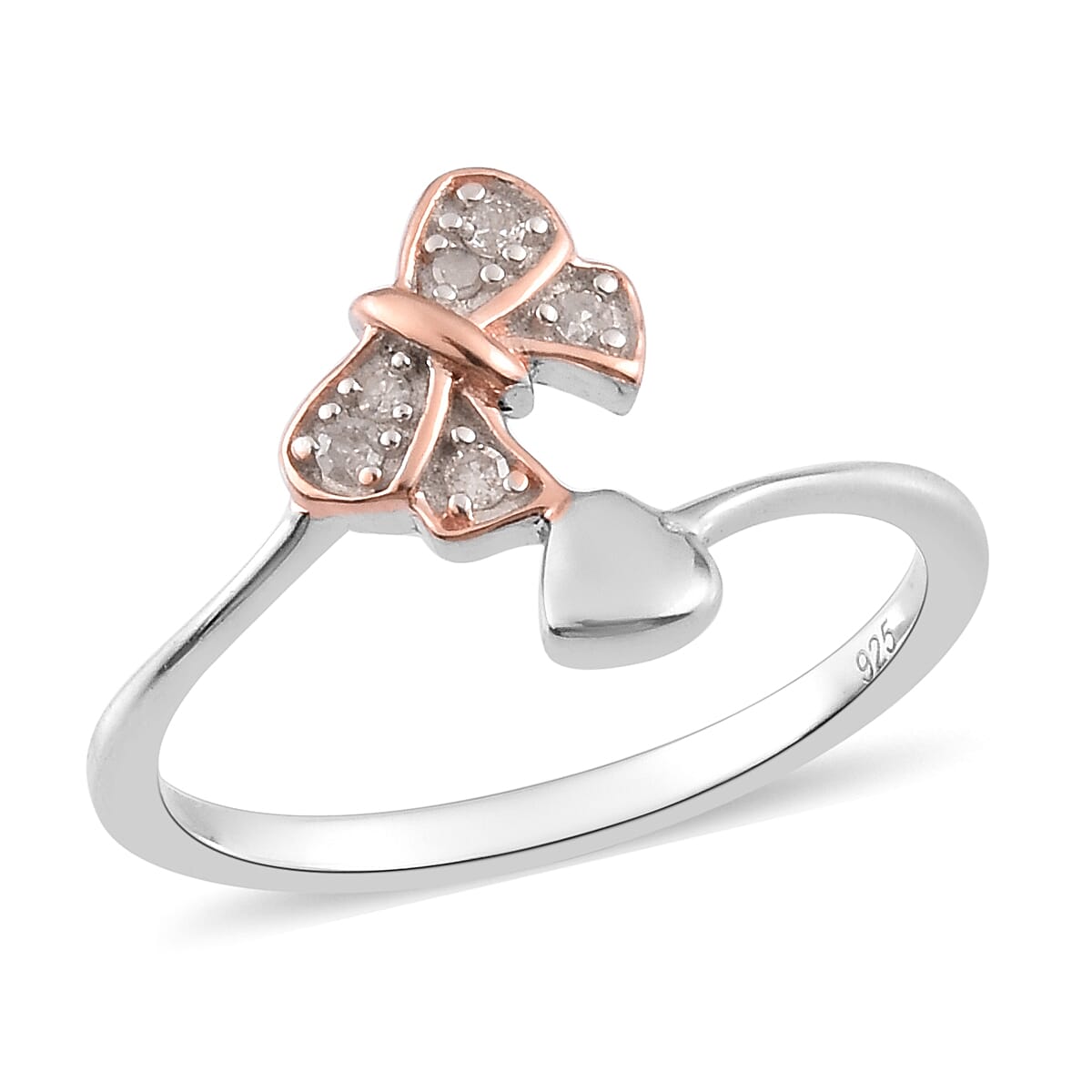 Diamond Bow and Heart Ring in Rose Gold and Platinum Overlay Sterling Silver