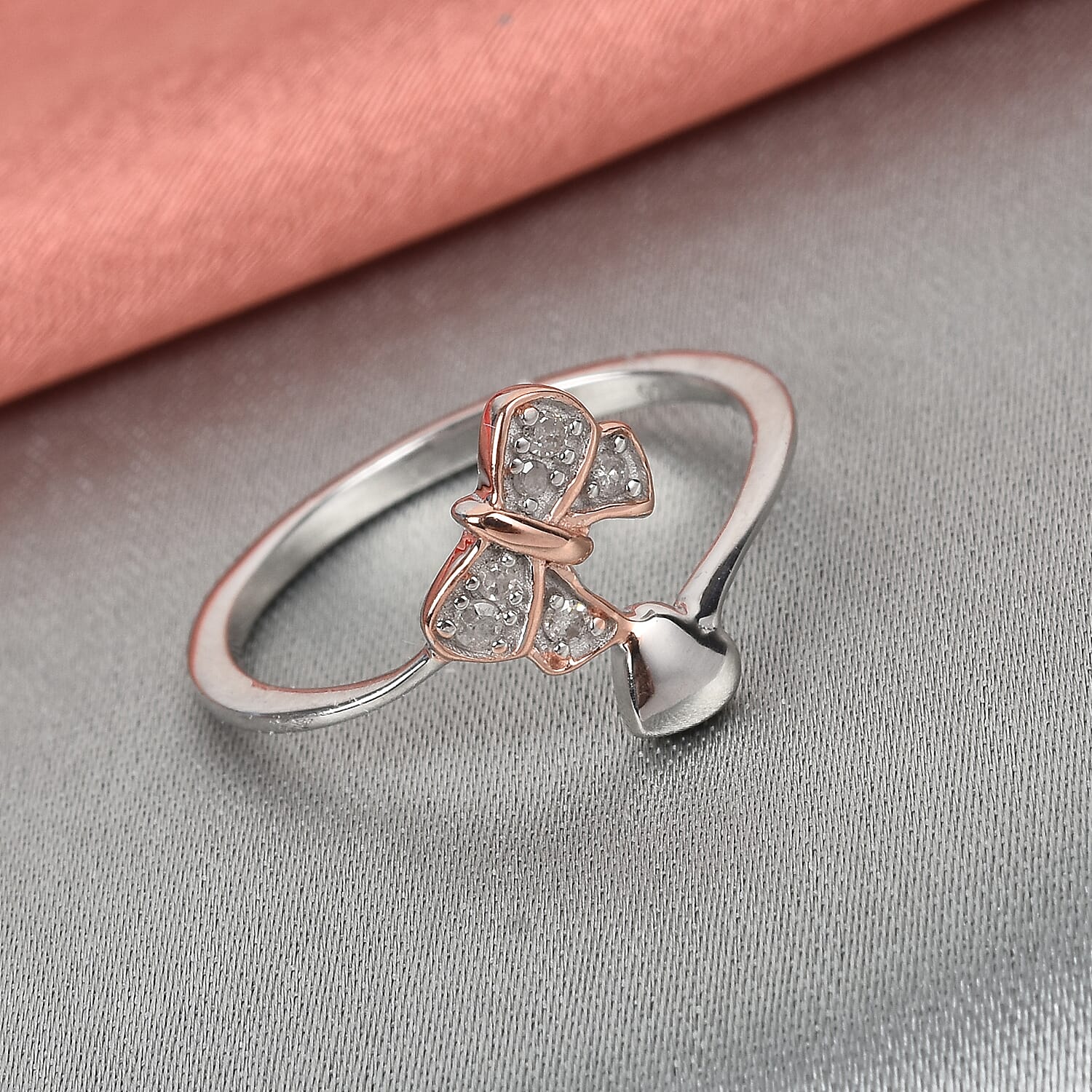 Diamond Bow and Heart Ring in Rose Gold and Platinum Overlay Sterling Silver