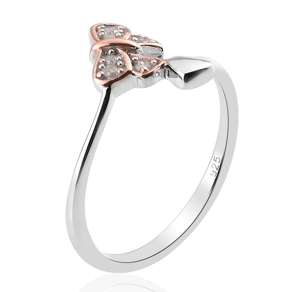 Diamond Bow and Heart Ring in Rose Gold and Platinum Overlay Sterling Silver