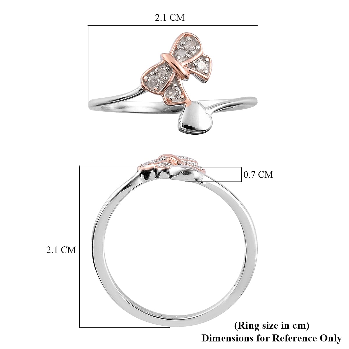 Diamond Bow and Heart Ring in Rose Gold and Platinum Overlay Sterling Silver