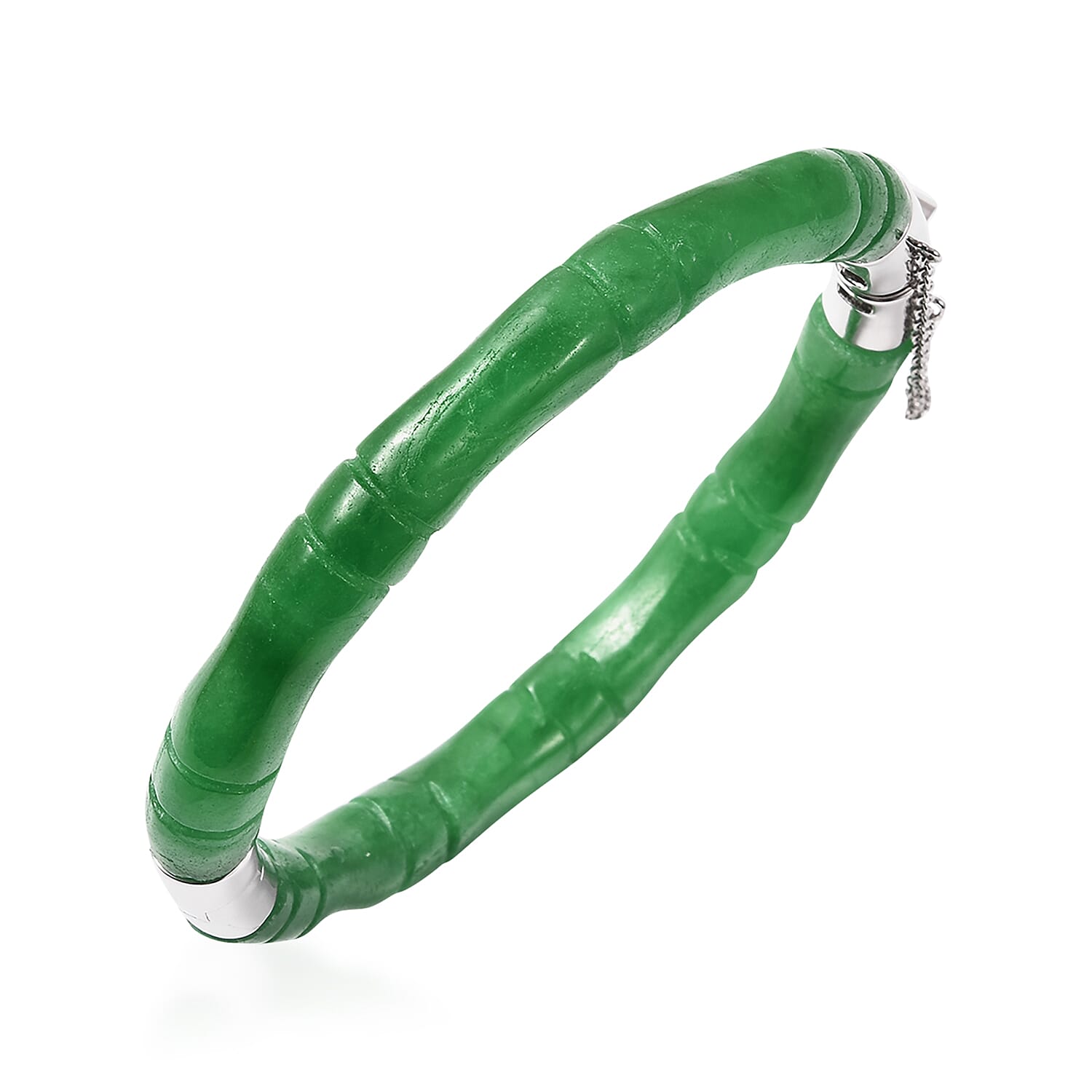 Green Jade Bamboo Bangle (Size 7.5) in Rhodium Overlay Sterling Silver 150.00 Ct.