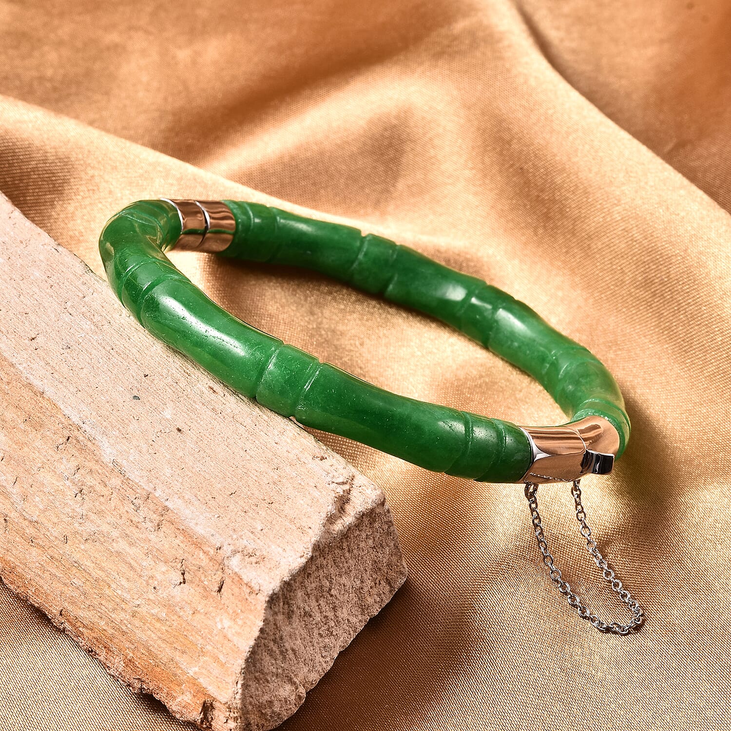 Green Jade Bamboo Bangle (Size 7.5) in Rhodium Overlay Sterling Silver 150.00 Ct.