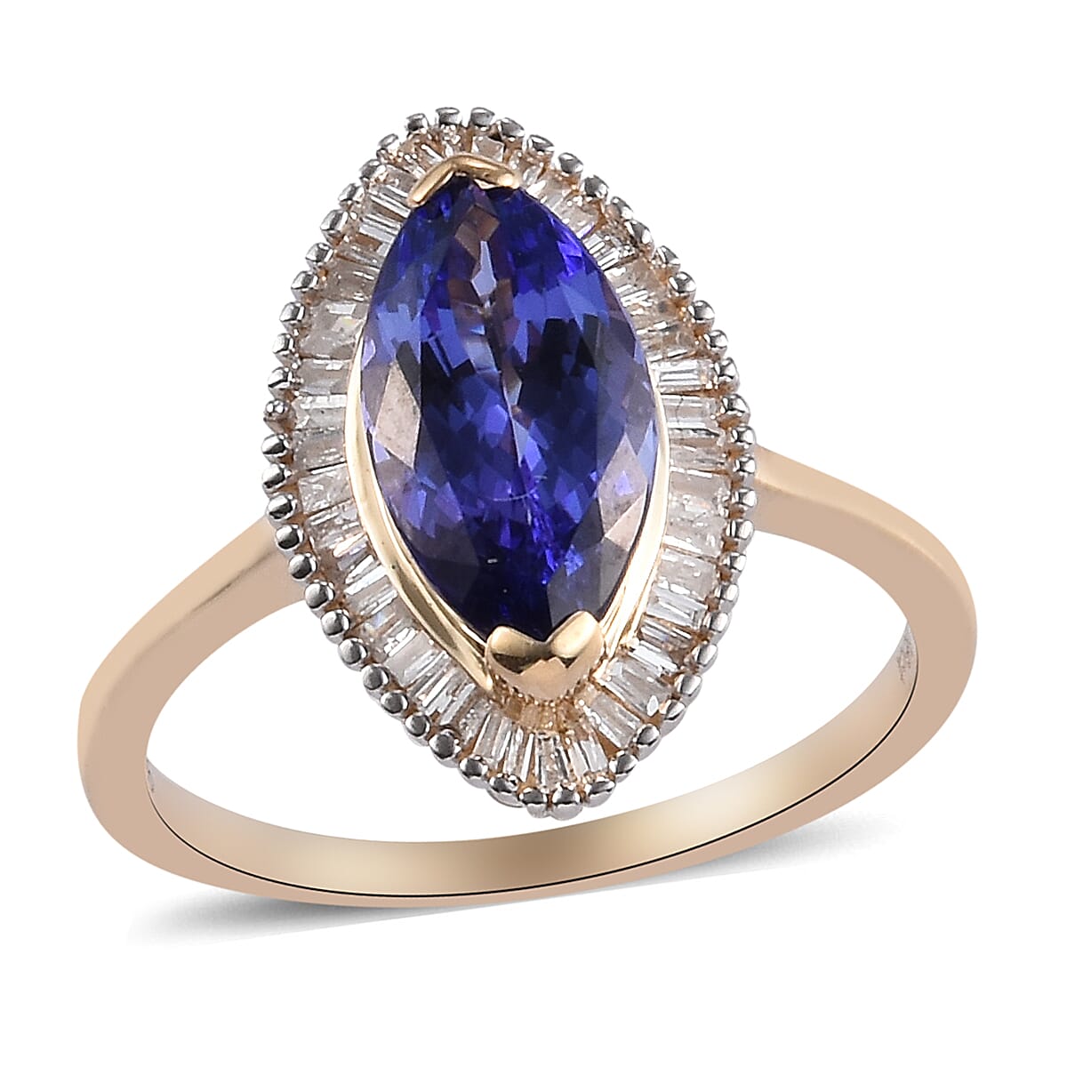 9K Yellow Gold AAA Tanzanite and Diamond Halo Ring 2.00 Ct.