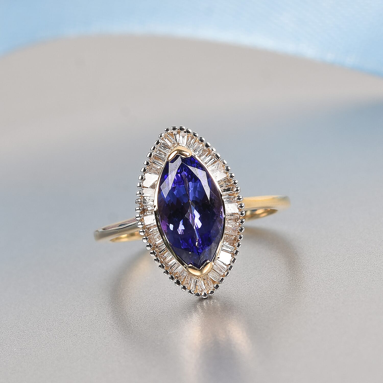 9K Yellow Gold AAA Tanzanite and Diamond Halo Ring 2.00 Ct.