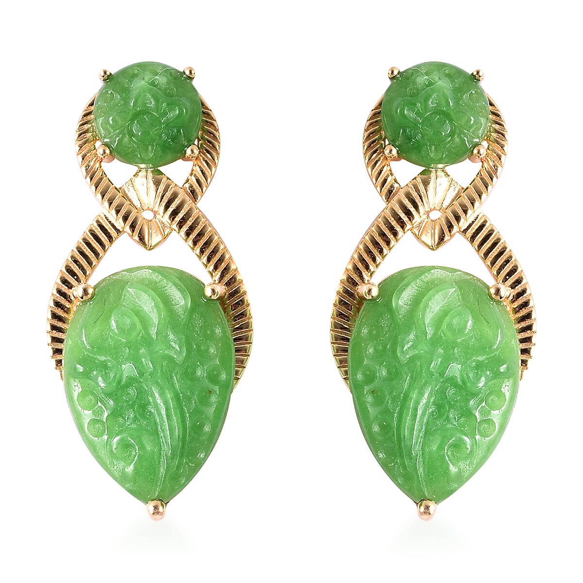 Carved Green Jade Floral Drop Earrings (with Push Back) in Yellow Gold Overlay Sterling Silver 12.75 Ct.