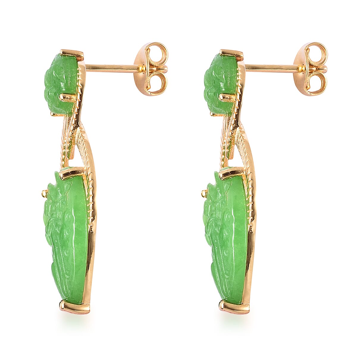 Carved Green Jade Floral Drop Earrings (with Push Back) in Yellow Gold Overlay Sterling Silver 12.75 Ct.