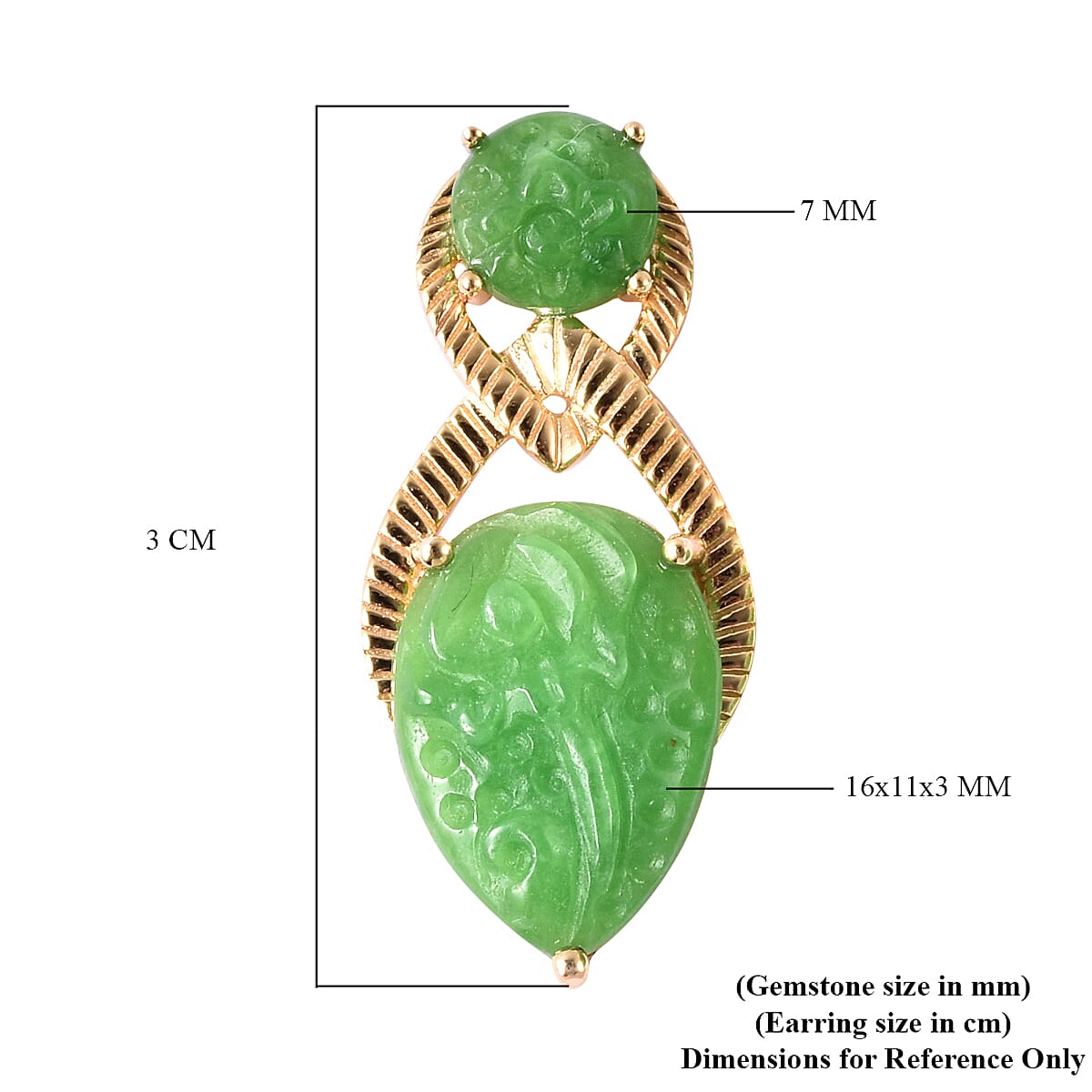 Carved Green Jade Floral Drop Earrings (with Push Back) in Yellow Gold Overlay Sterling Silver 12.75 Ct.