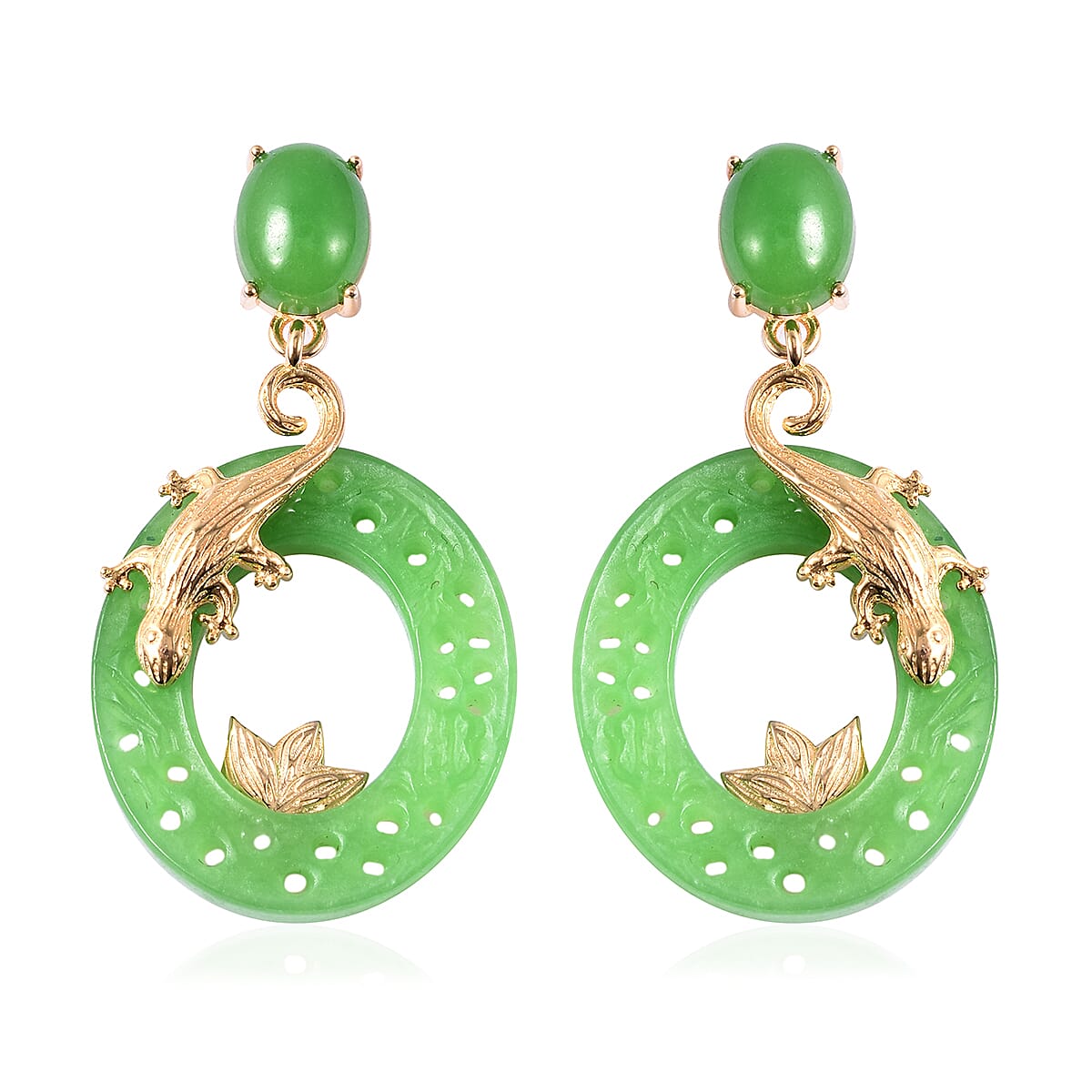 Green Jade Lizard Circular Earrings (with Push Back) in Yellow Gold Overlay Sterling Silver 30.25 Ct.