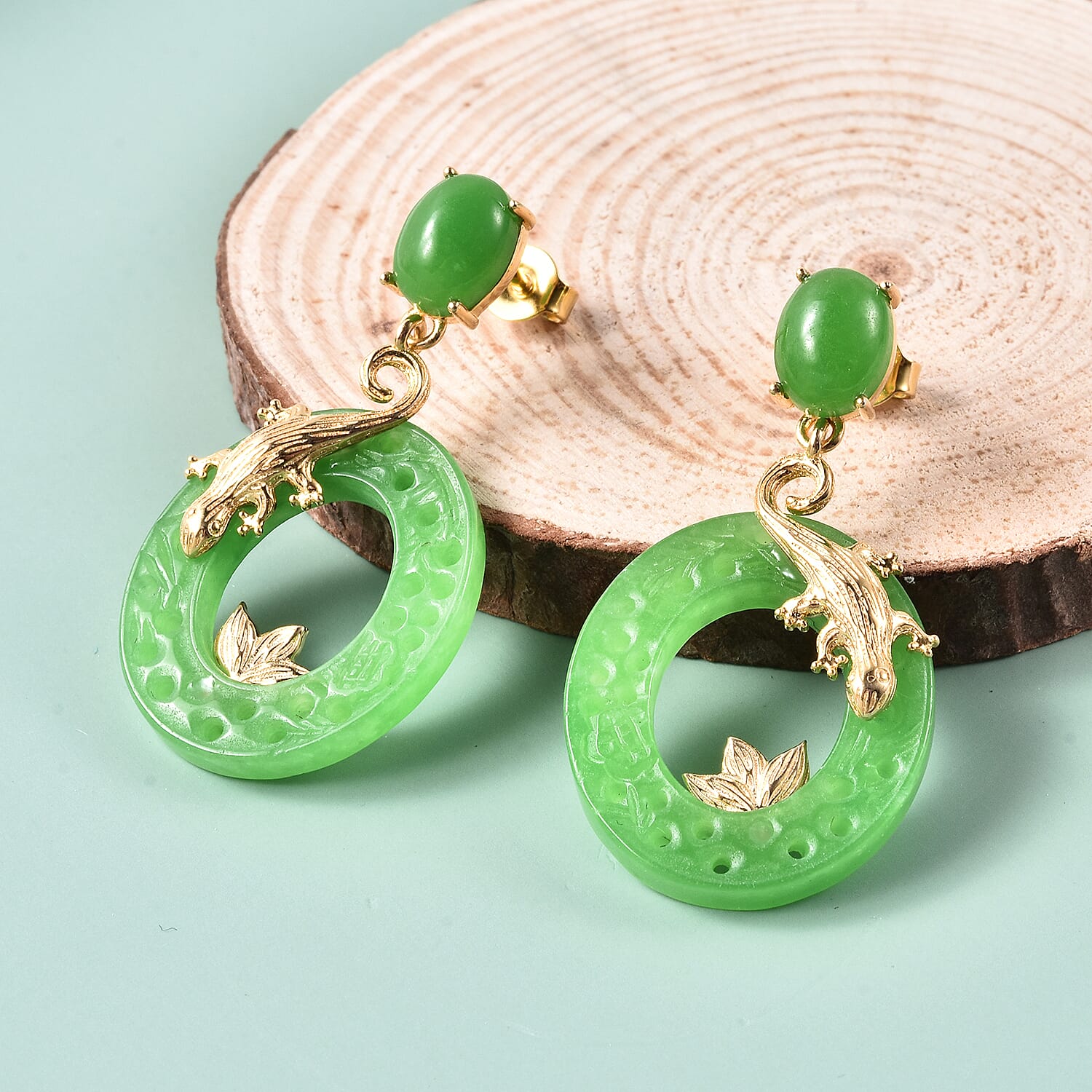 Green Jade Lizard Circular Earrings (with Push Back) in Yellow Gold Overlay Sterling Silver 30.25 Ct.