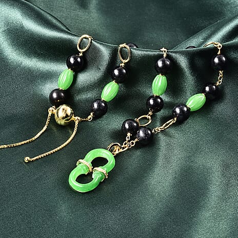 Black and Green Jadeite Jade Adjustable Necklace (Size 20) with Removable Pendant and Magentic Lock in Yellow Gold Overlay Sterling Silver 204.75 Ct.