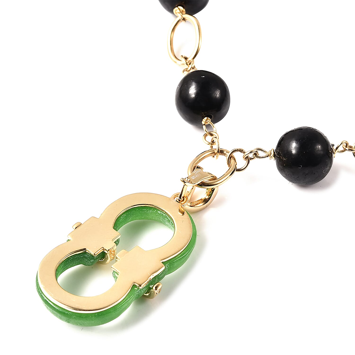 Black and Green Jadeite Jade Adjustable Necklace (Size 20) with Removable Pendant and Magentic Lock in Yellow Gold Overlay Sterling Silver 204.75 Ct.