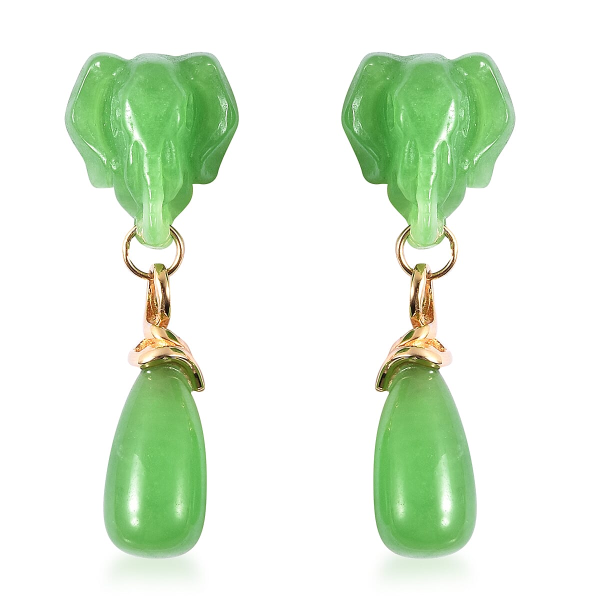 Carved Green Jade Elephant Drop Earrings (with Push Back) in Yellow Gold Overlay Sterling Silver 43.50 Ct.