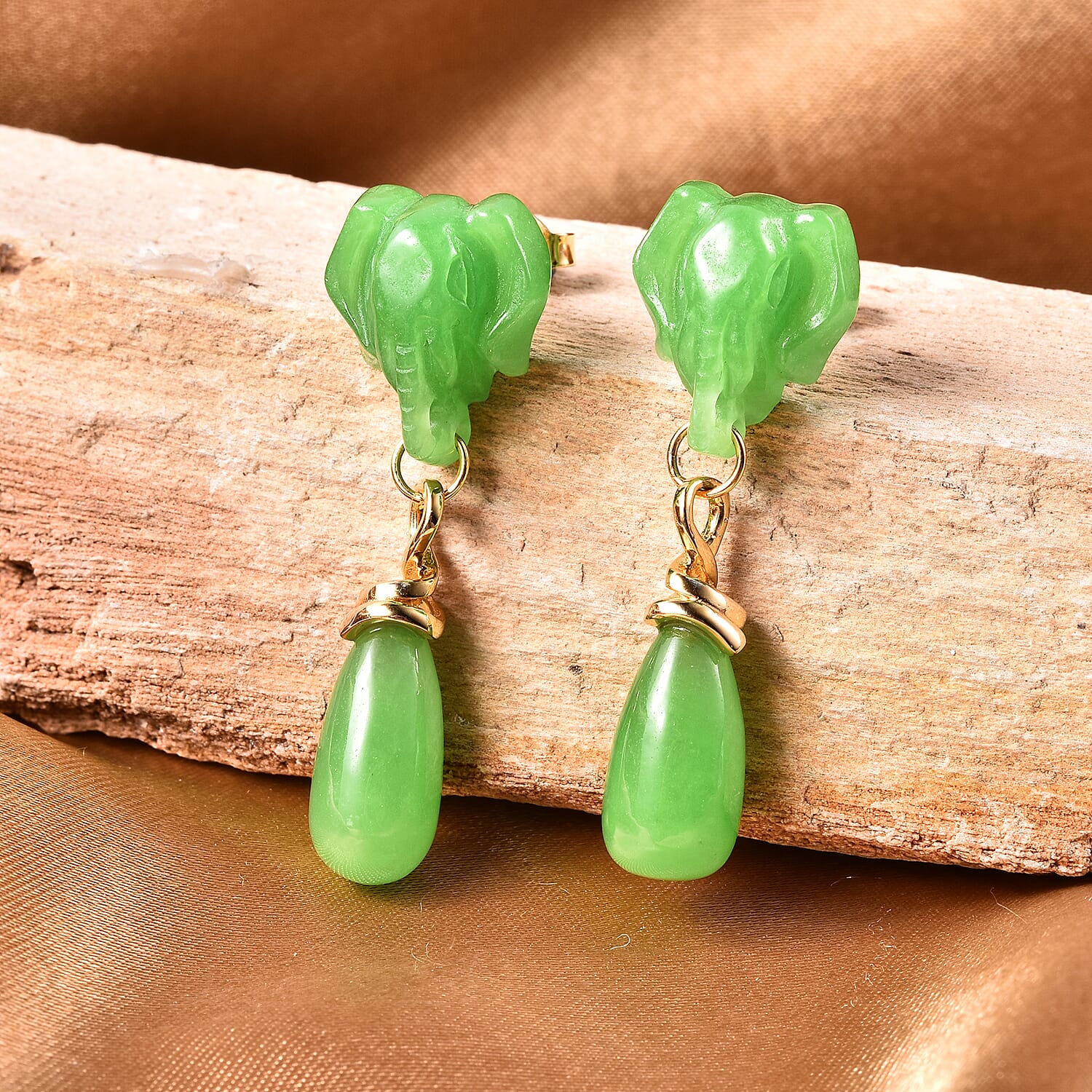 Carved Green Jade Elephant Drop Earrings (with Push Back) in Yellow Gold Overlay Sterling Silver 43.50 Ct.