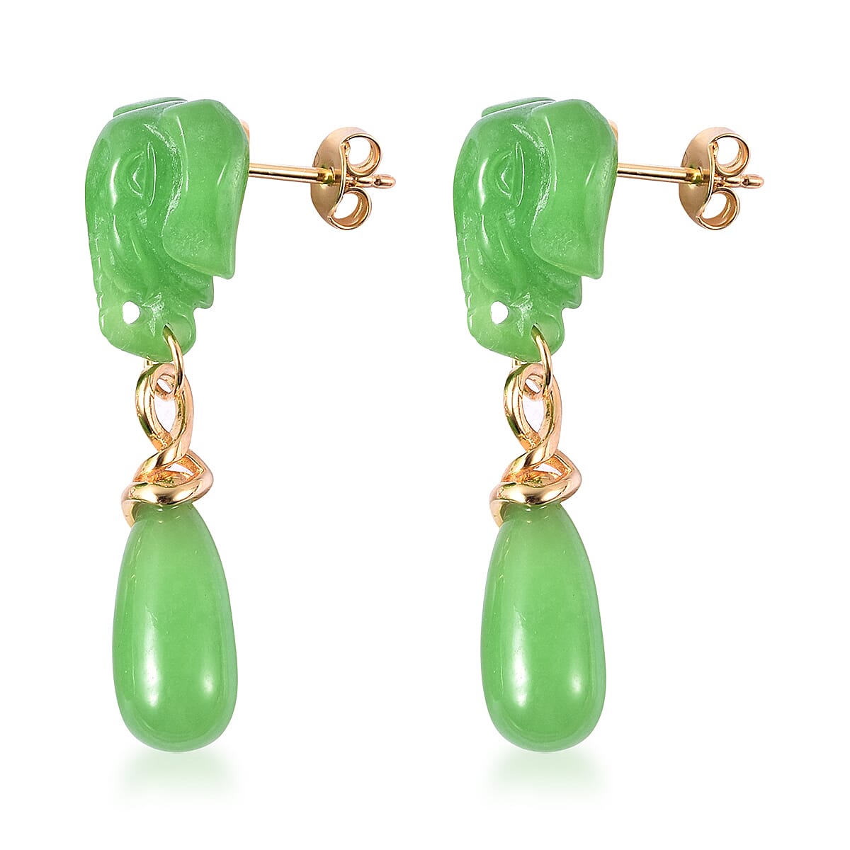 Carved Green Jade Elephant Drop Earrings (with Push Back) in Yellow Gold Overlay Sterling Silver 43.50 Ct.