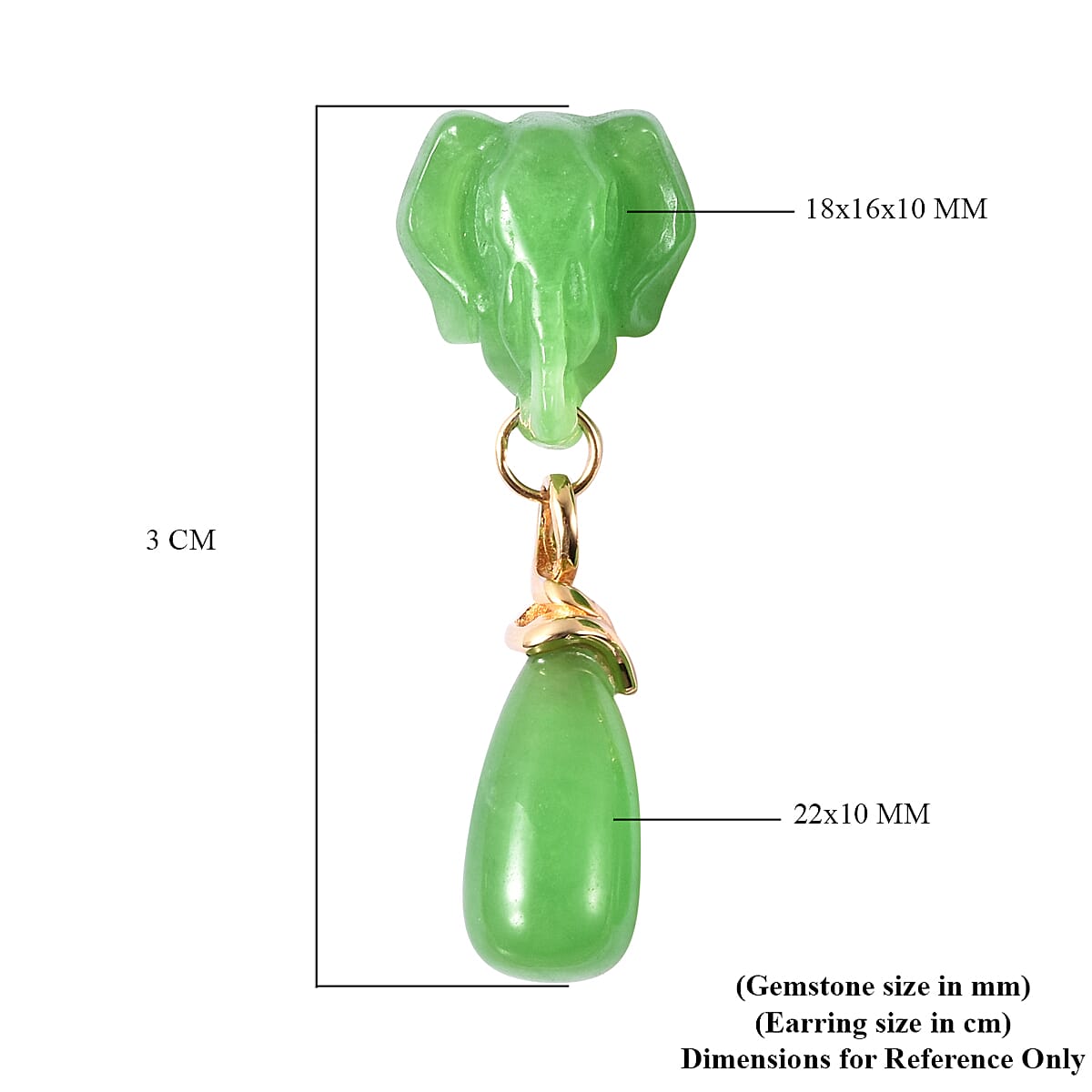 Carved Green Jade Elephant Drop Earrings (with Push Back) in Yellow Gold Overlay Sterling Silver 43.50 Ct.