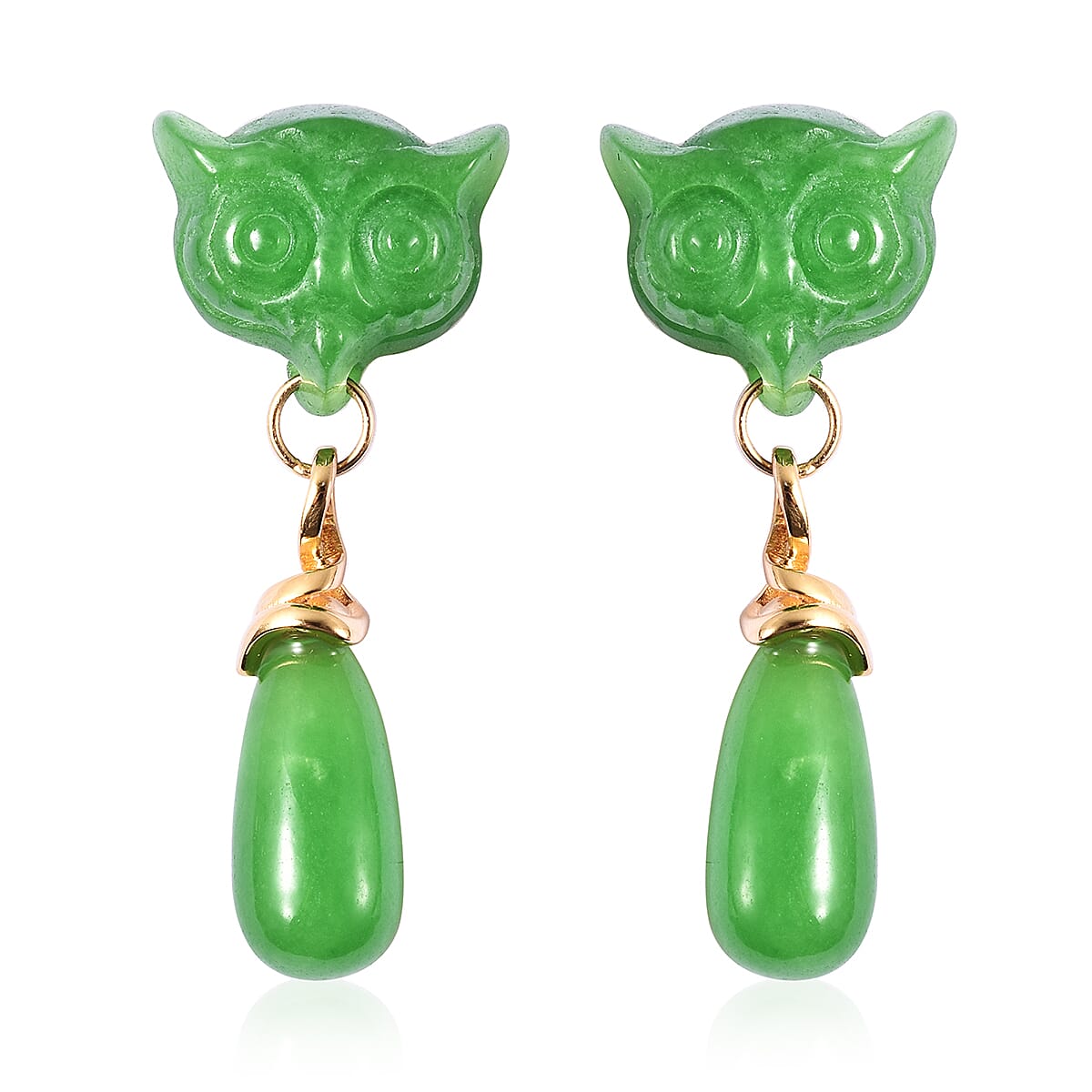 Carved Green Jade Owl Drop Earrings (with Push Back) in Yellow Gold Overlay Sterling Silver 42.25 Ct.