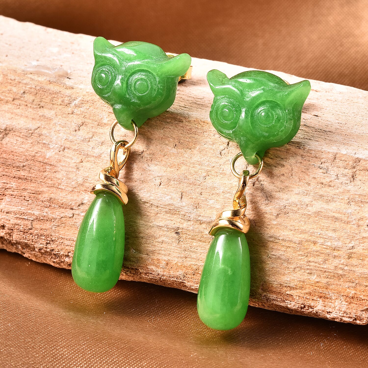 Carved Green Jade Owl Drop Earrings (with Push Back) in Yellow Gold Overlay Sterling Silver 42.25 Ct.
