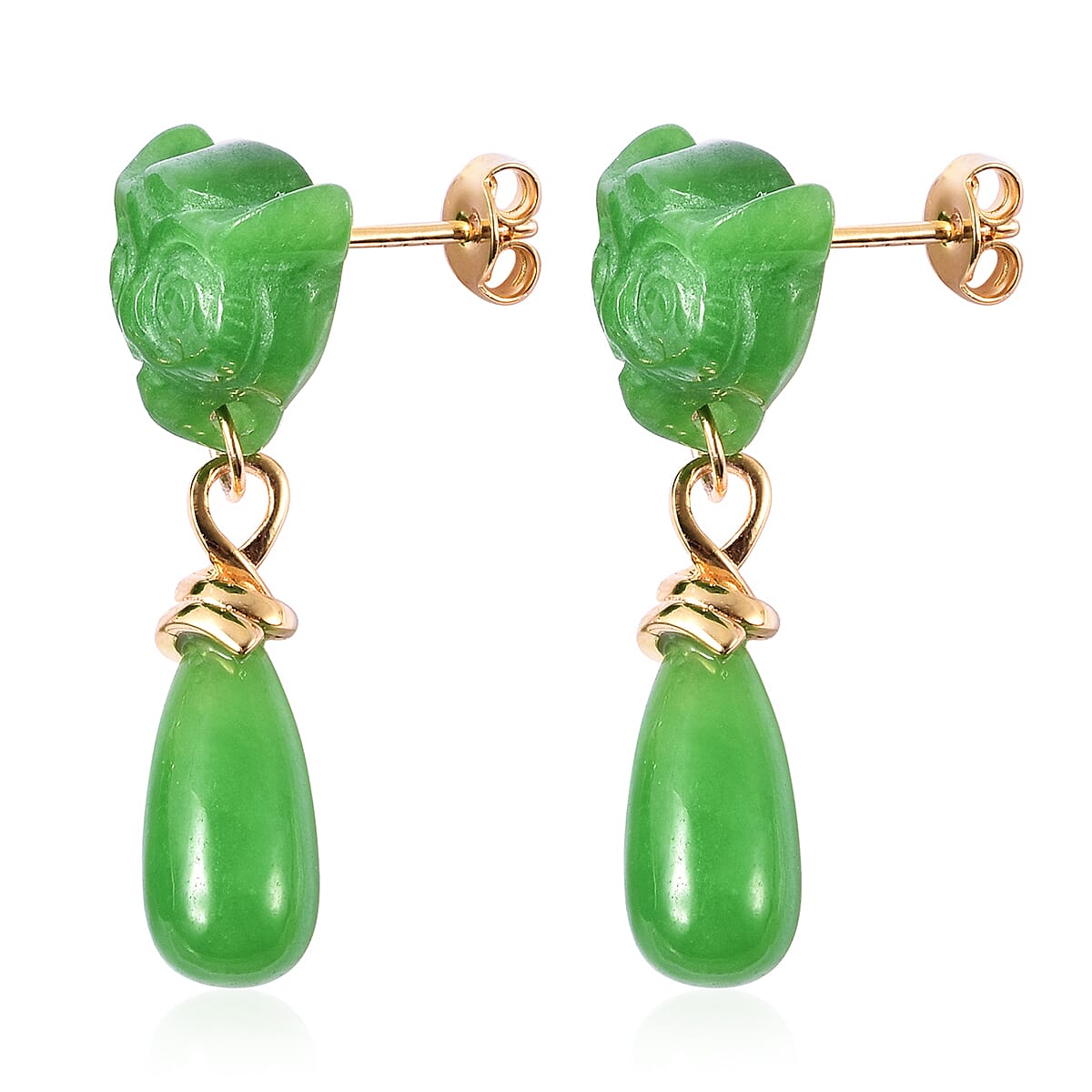 Carved Green Jade Owl Drop Earrings (with Push Back) in Yellow Gold Overlay Sterling Silver 42.25 Ct.