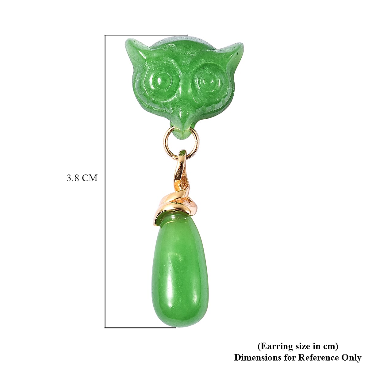 Carved Green Jade Owl Drop Earrings (with Push Back) in Yellow Gold Overlay Sterling Silver 42.25 Ct.