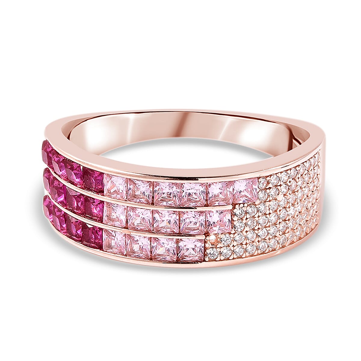 Lustro Stella - Simulated Pink Sapphire, Simulated Ruby and Simulated Diamond Multi Row Ring in Platinum Overlay Sterling Silver