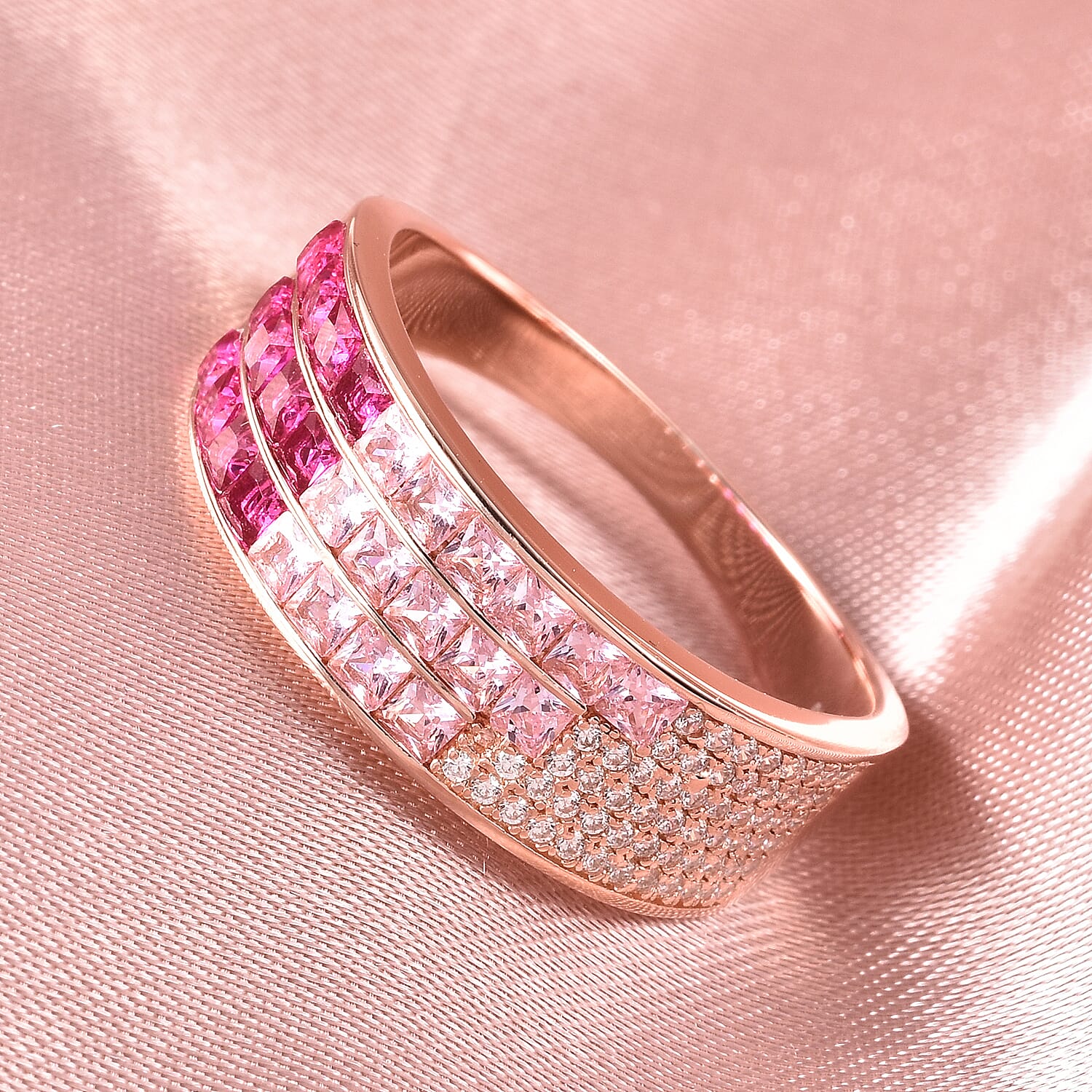Lustro Stella - Simulated Pink Sapphire, Simulated Ruby and Simulated Diamond Multi Row Ring in Platinum Overlay Sterling Silver