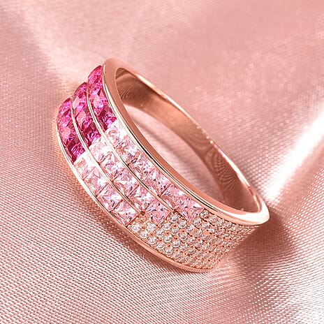Lustro Stella - Simulated Pink Sapphire, Simulated Ruby and Simulated Diamond Multi Row Ring in Platinum Overlay Sterling Silver