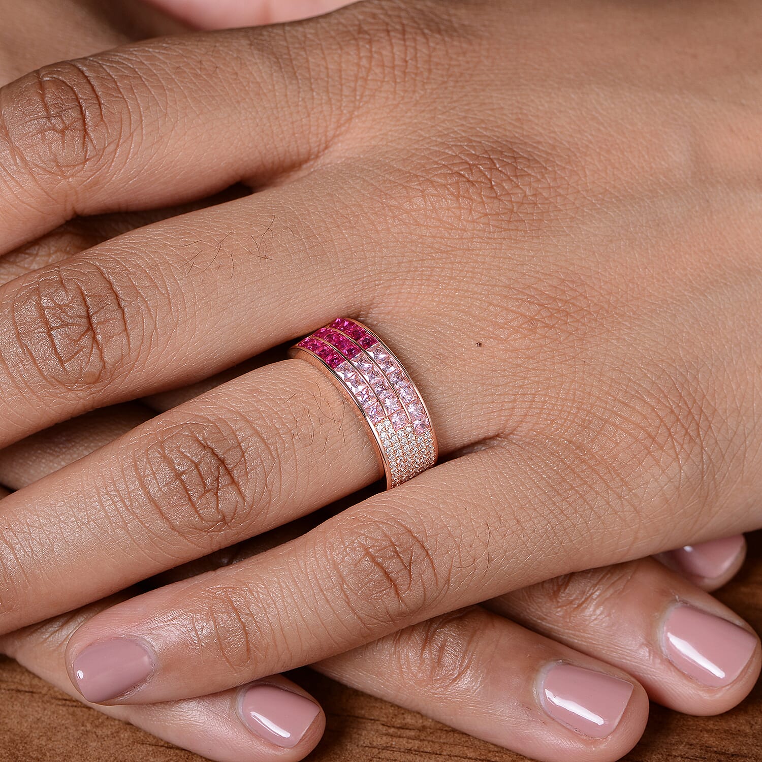 Lustro Stella - Simulated Pink Sapphire, Simulated Ruby and Simulated Diamond Multi Row Ring in Platinum Overlay Sterling Silver