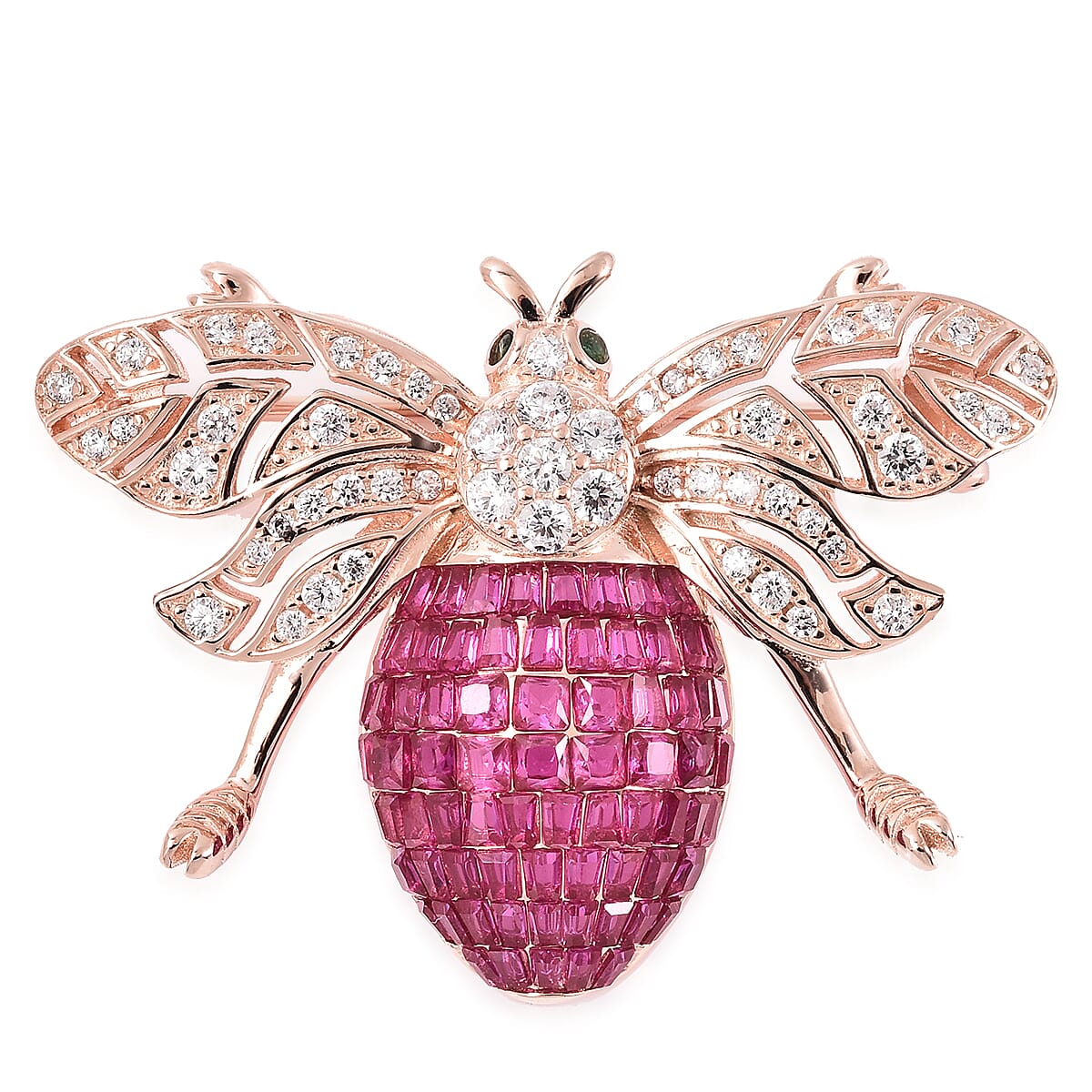 Lustro Stella - Simulated Ruby, Simulated Diamond and Simulated Emerald Pendant or Brooch in Rose Gold Overlay Sterling Silver, Silver Wt 6.30 Gms