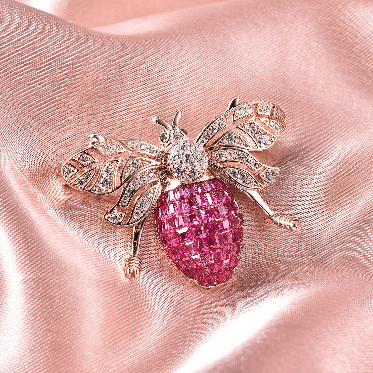 Lustro Stella - Simulated Ruby, Simulated Diamond and Simulated Emerald Pendant or Brooch in Rose Gold Overlay Sterling Silver, Silver Wt 6.30 Gms