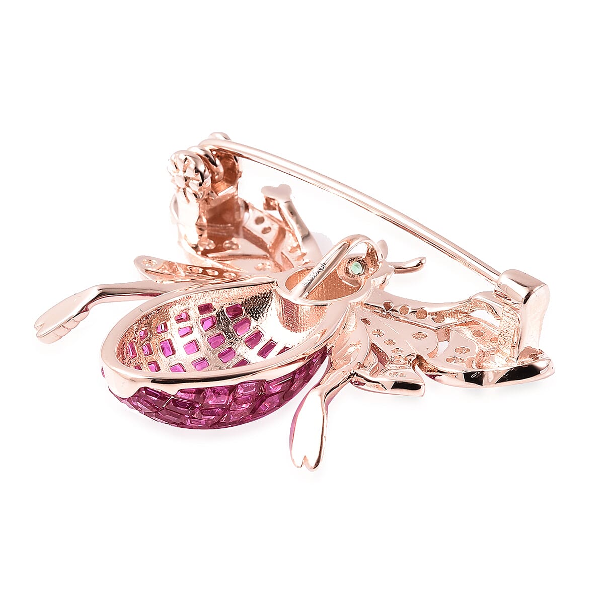 Lustro Stella - Simulated Ruby, Simulated Diamond and Simulated Emerald Pendant or Brooch in Rose Gold Overlay Sterling Silver, Silver Wt 6.30 Gms