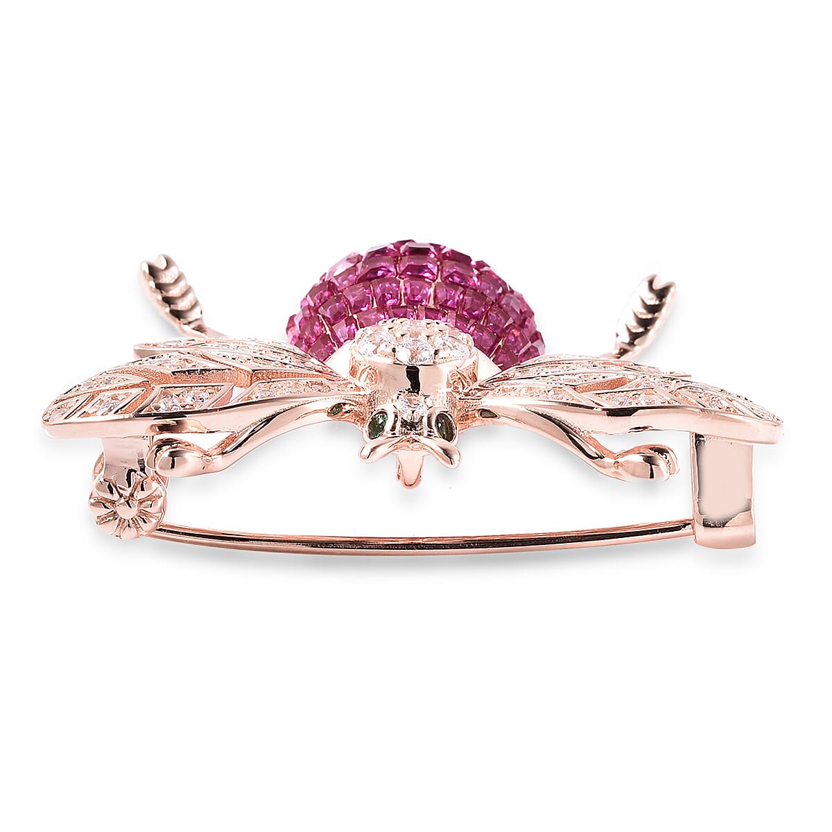 Lustro Stella - Simulated Ruby, Simulated Diamond and Simulated Emerald Pendant or Brooch in Rose Gold Overlay Sterling Silver, Silver Wt 6.30 Gms
