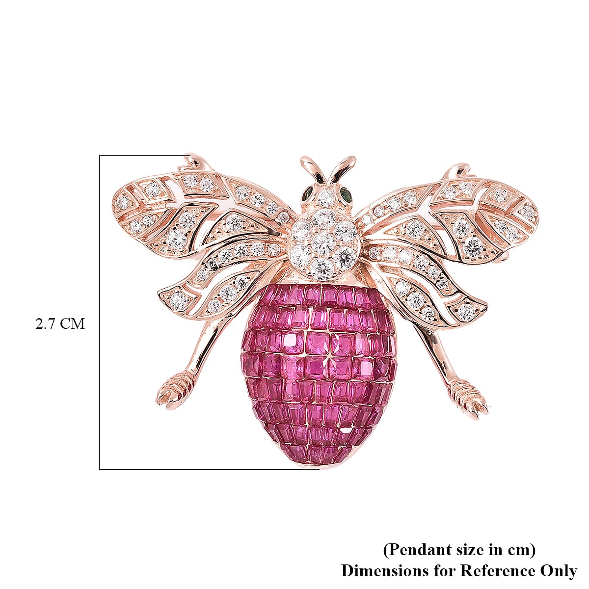 Lustro Stella - Simulated Ruby, Simulated Diamond and Simulated Emerald Pendant or Brooch in Rose Gold Overlay Sterling Silver, Silver Wt 6.30 Gms
