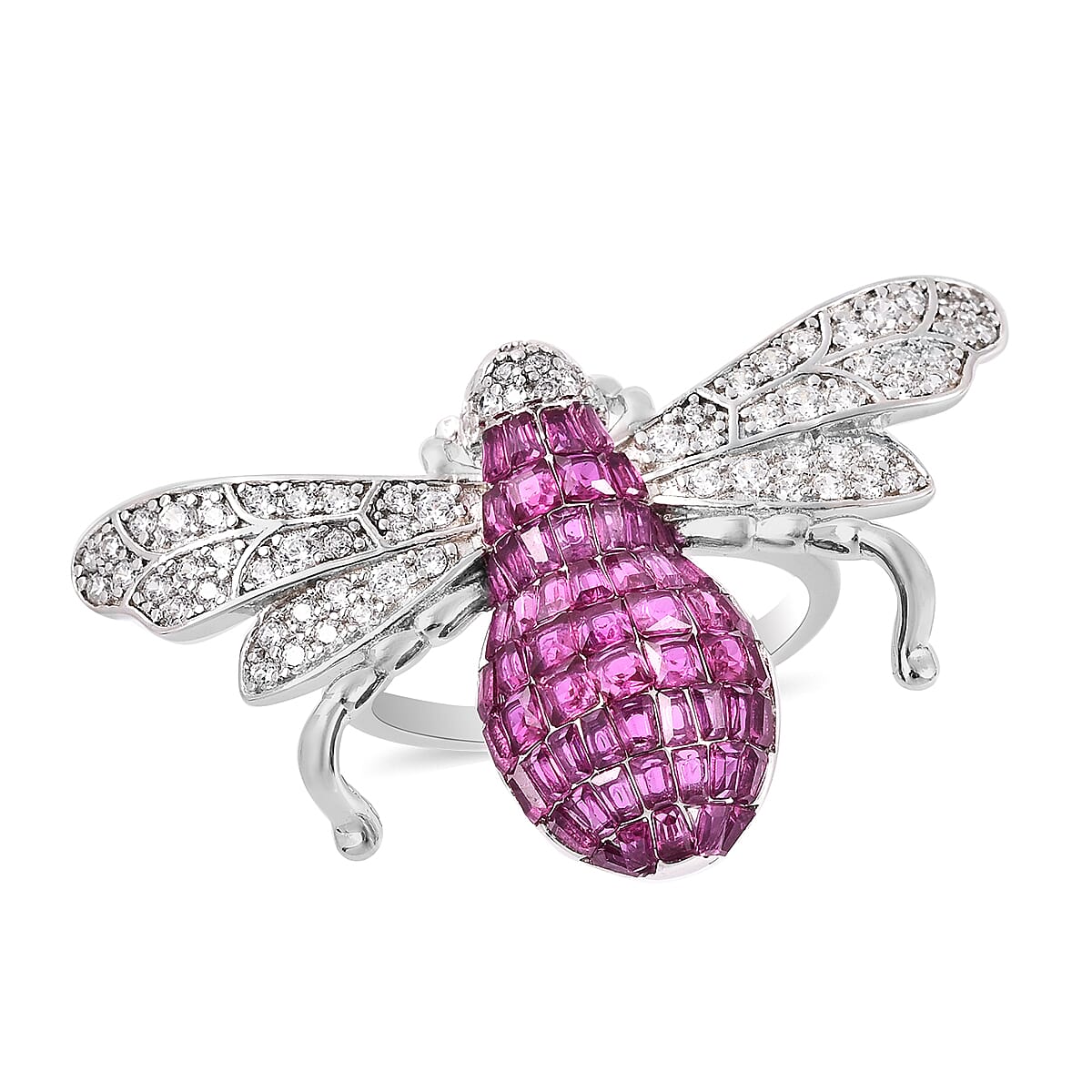 Lustro Stella - Simulated Ruby, Simulated Diamond and Simulated Emerald Bee Ring in Platinum Overlay Sterling Silver