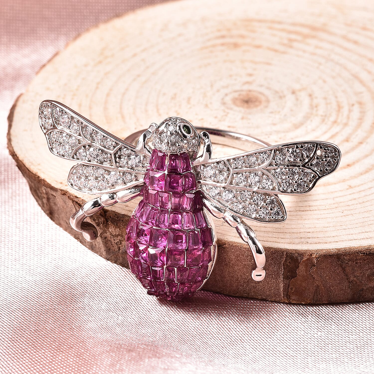 Lustro Stella - Simulated Ruby, Simulated Diamond and Simulated Emerald Bee Ring in Platinum Overlay Sterling Silver